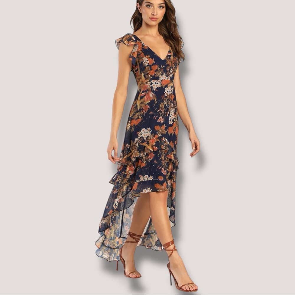 Lulu's Floral High Low Dress - Navy and Orange